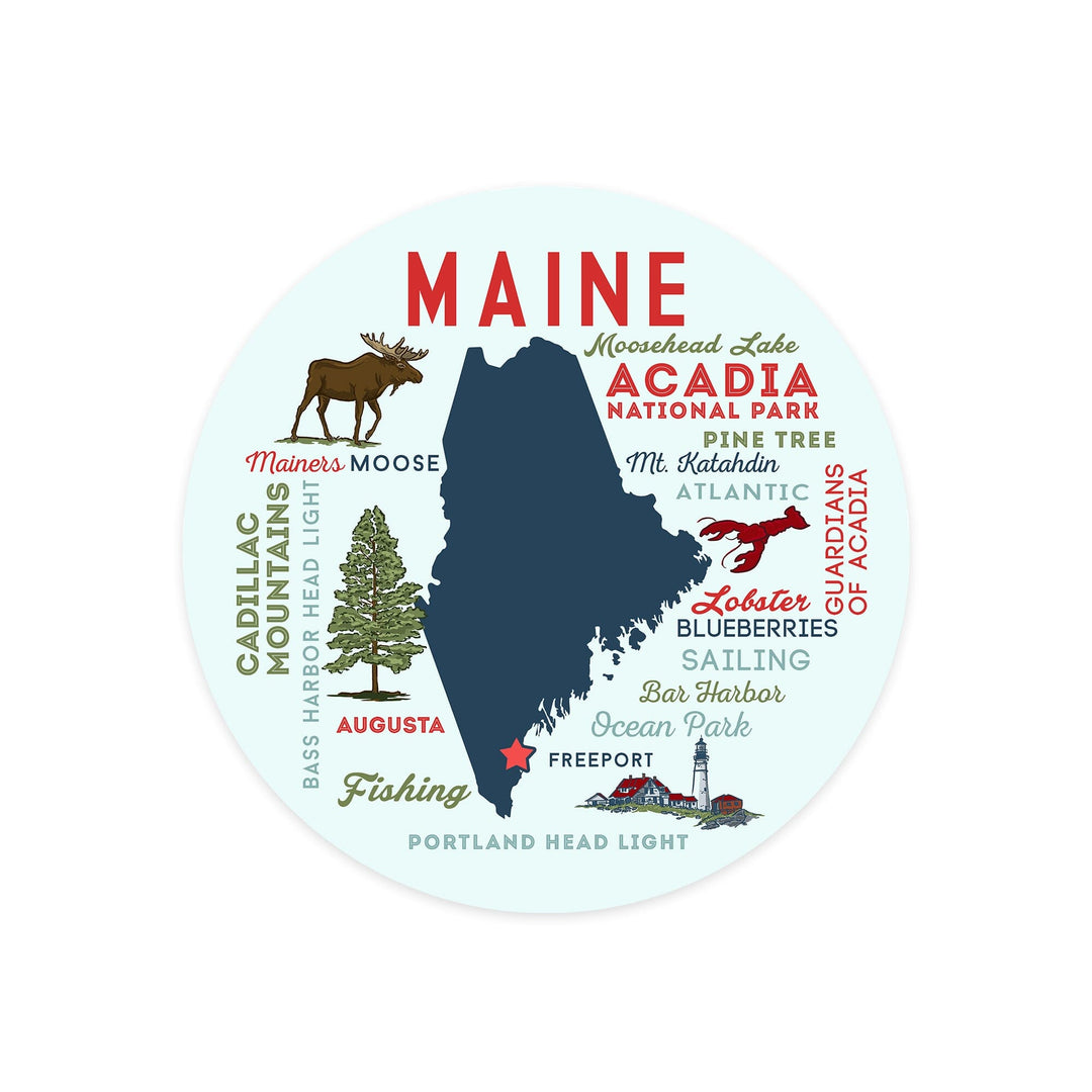 Ocean Park, Maine, Typography and Icons, Contour, Vinyl Sticker Sticker Lantern Press 