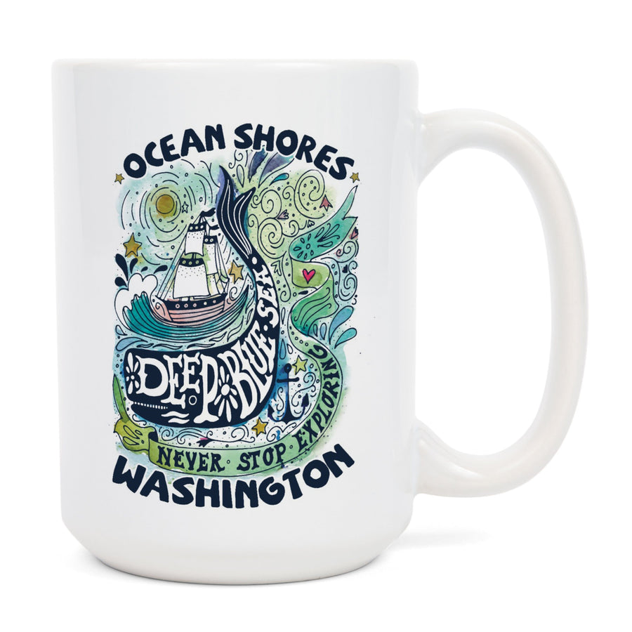 Ocean Shores, Washington, Watercolor Whale, Deep Blue Sea, Contour, Artwork, Ceramic Mug Mugs Lantern Press 