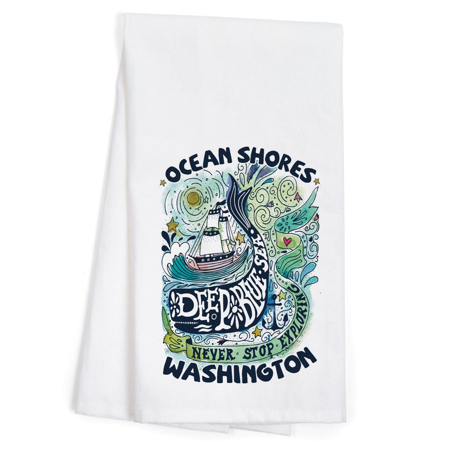 Ocean Shores, Washington, Watercolor Whale, Deep Blue Sea, Contour, Artwork, Organic Cotton Kitchen Tea Towels Kitchen Lantern Press 