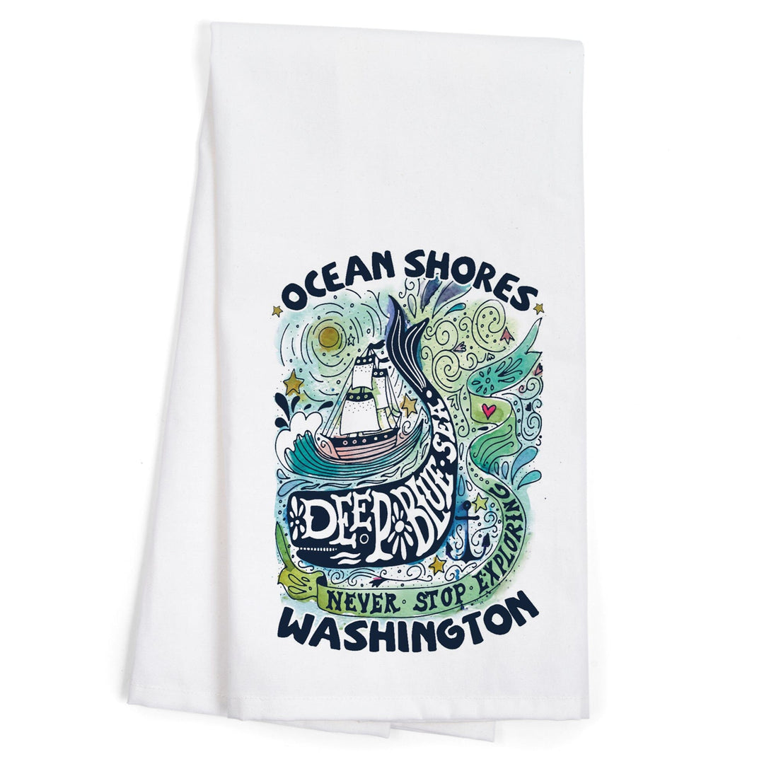 Ocean Shores, Washington, Watercolor Whale, Deep Blue Sea, Contour, Artwork, Organic Cotton Kitchen Tea Towels Kitchen Lantern Press 