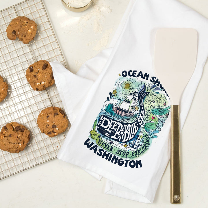 Ocean Shores, Washington, Watercolor Whale, Deep Blue Sea, Contour, Artwork, Organic Cotton Kitchen Tea Towels Kitchen Lantern Press 