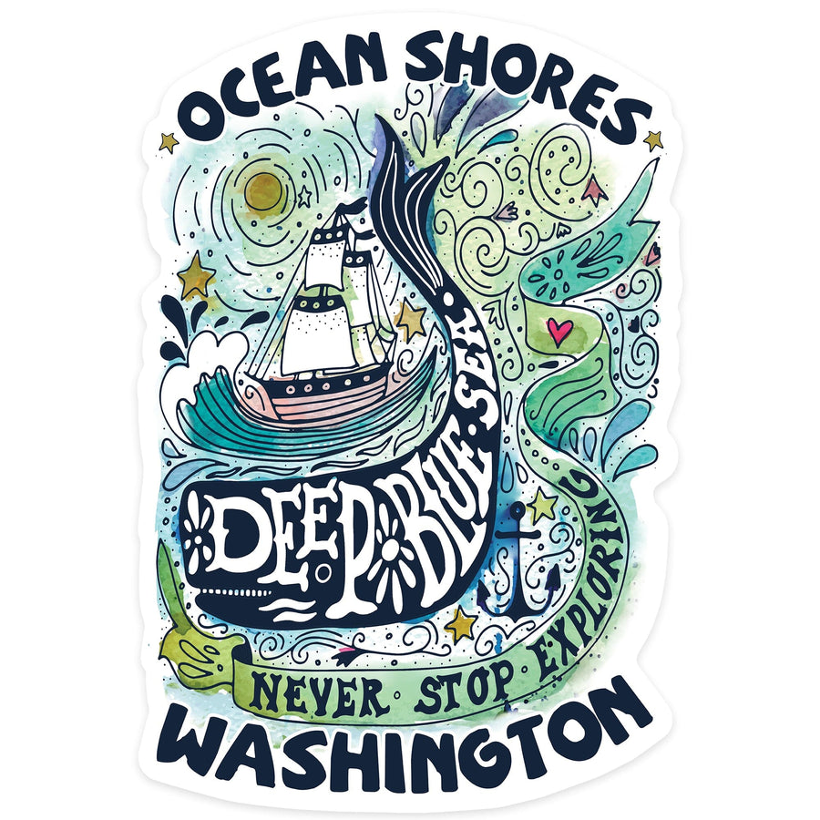 Ocean Shores, Washington, Watercolor Whale, Deep Blue Sea, Contour, Artwork, Vinyl Sticker Sticker Lantern Press 
