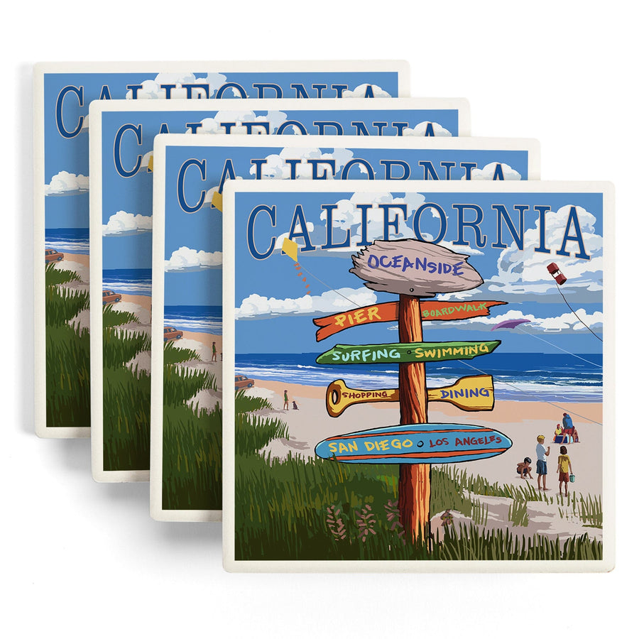 Oceanside, California, Destinations Sign, Lantern Press Artwork, Coaster Set Coasters Lantern Press 