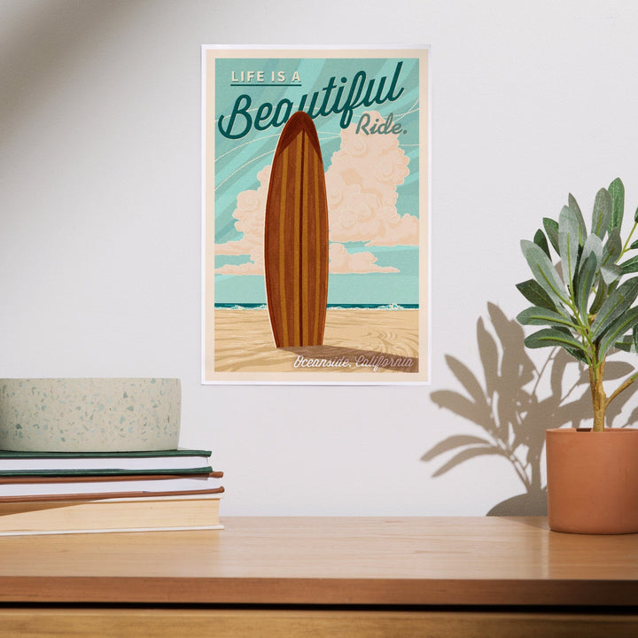 Oceanside, California, Life is a Beautiful Ride Surfboard Letterpress, Art & Giclee Prints Art Lantern Press 