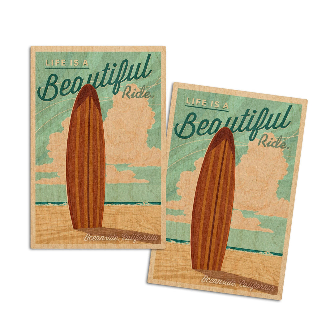 Oceanside, California, Life is a Beautiful Ride Surfboard Letterpress, Lantern Press Artwork, Wood Signs and Postcards Wood Lantern Press 4x6 Wood Postcard Set 