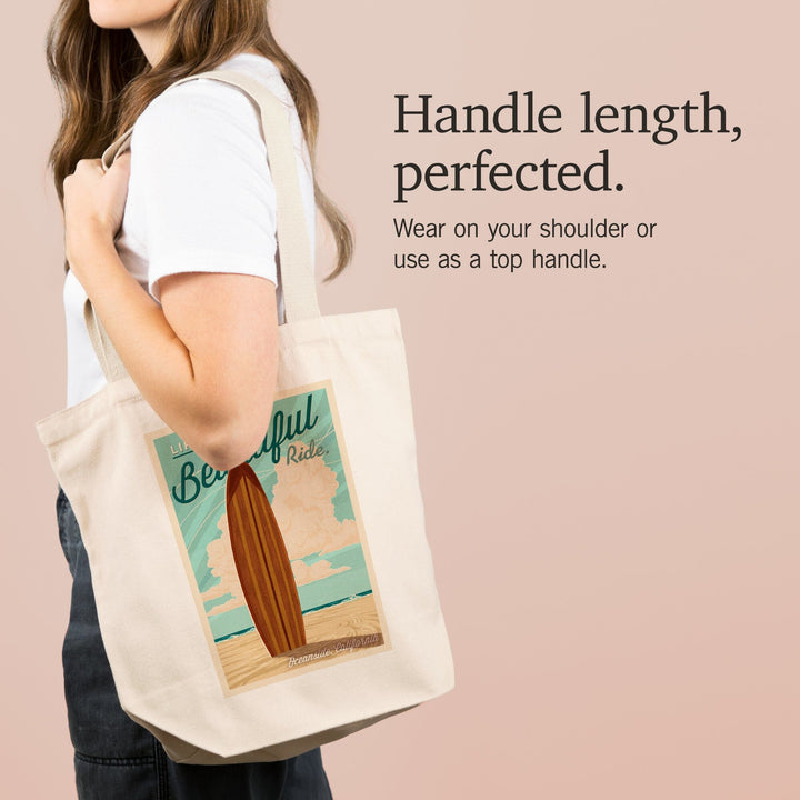 Oceanside, California, Life is a Beautiful Ride Surfboard Letterpress, Tote Bag Totes Lantern Press 