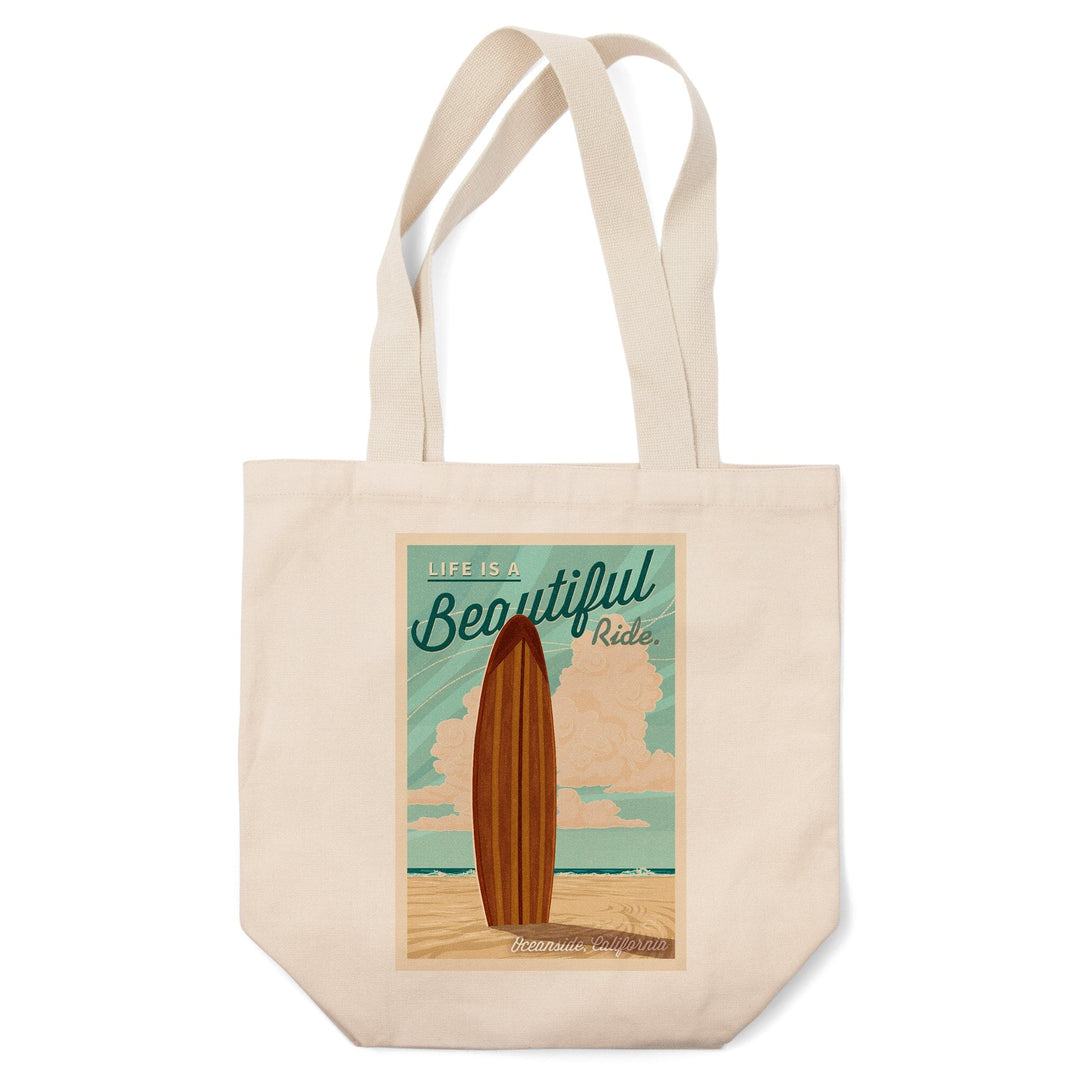 Oceanside, California, Life is a Beautiful Ride Surfboard Letterpress, Tote Bag Totes Lantern Press 