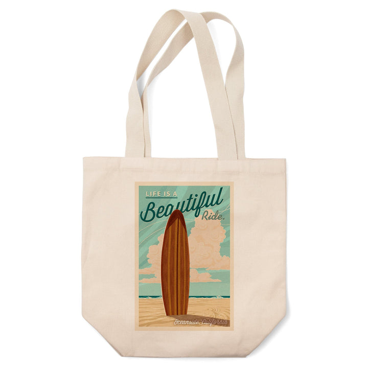 Oceanside, California, Life is a Beautiful Ride Surfboard Letterpress, Tote Bag Totes Lantern Press 