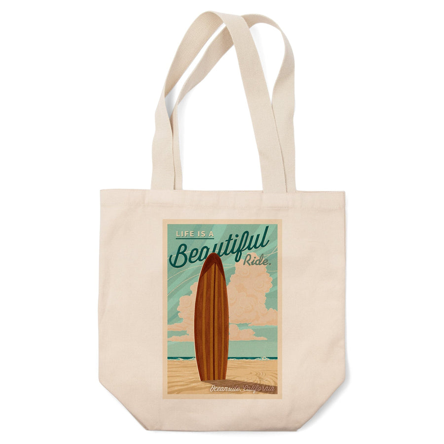 Oceanside, California, Life is a Beautiful Ride Surfboard Letterpress, Tote Bag Totes Lantern Press 
