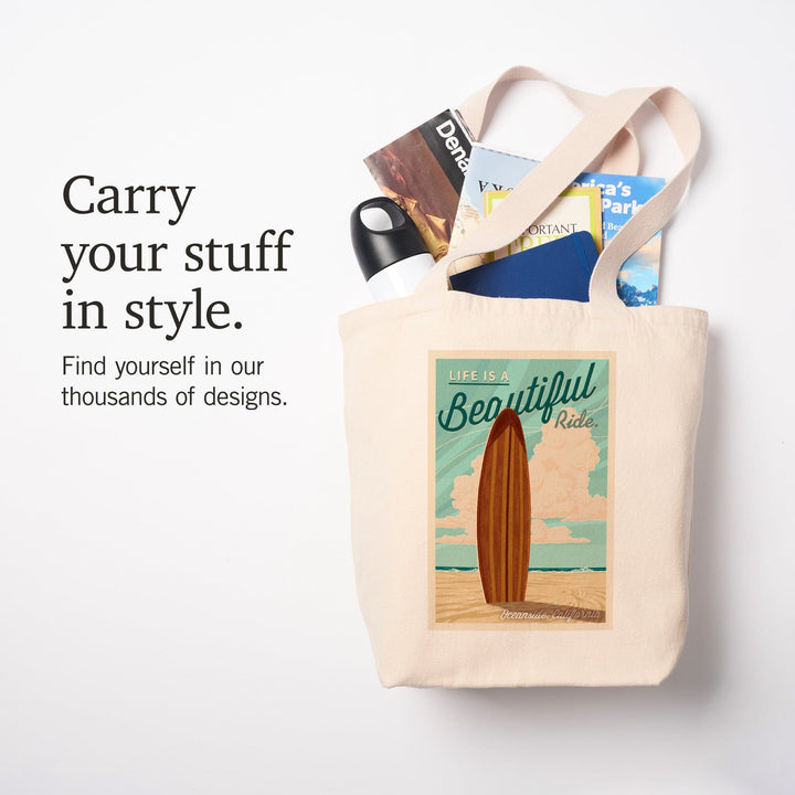 Oceanside, California, Life is a Beautiful Ride Surfboard Letterpress, Tote Bag Totes Lantern Press 