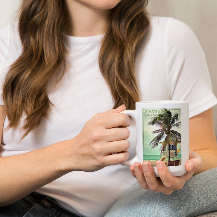 Oceanside, California, Lifeguard Shack and Palm, Lantern Press Photography, Ceramic Mug Mugs Lantern Press 