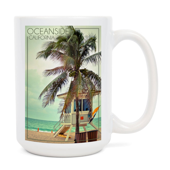 Oceanside, California, Lifeguard Shack and Palm, Lantern Press Photography, Ceramic Mug Mugs Lantern Press 