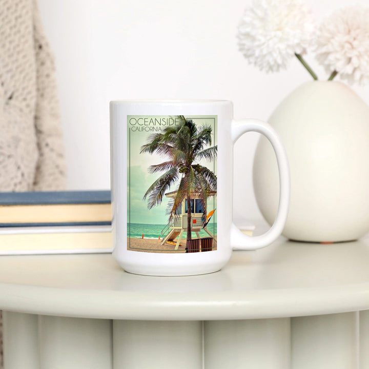 Oceanside, California, Lifeguard Shack and Palm, Lantern Press Photography, Ceramic Mug Mugs Lantern Press 