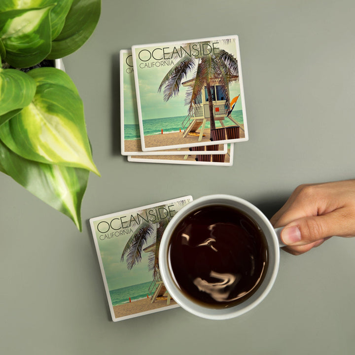 Oceanside, California, Lifeguard Shack and Palm, Lantern Press Photography, Coaster Set Coasters Lantern Press 