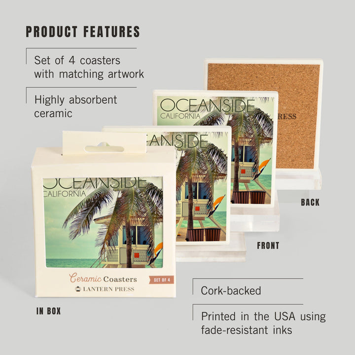 Oceanside, California, Lifeguard Shack and Palm, Lantern Press Photography, Coaster Set Coasters Lantern Press 