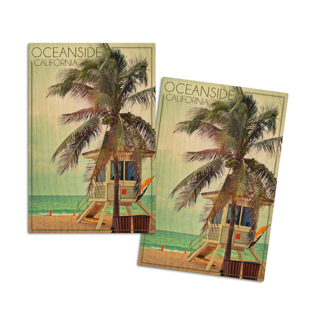 Oceanside, California, Lifeguard Shack and Palm, Lantern Press Photography, Wood Signs and Postcards Wood Lantern Press 4x6 Wood Postcard Set 