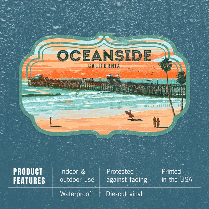 Oceanside, California, Pier, Painterly, Contour, Vinyl Sticker Sticker Lantern Press 