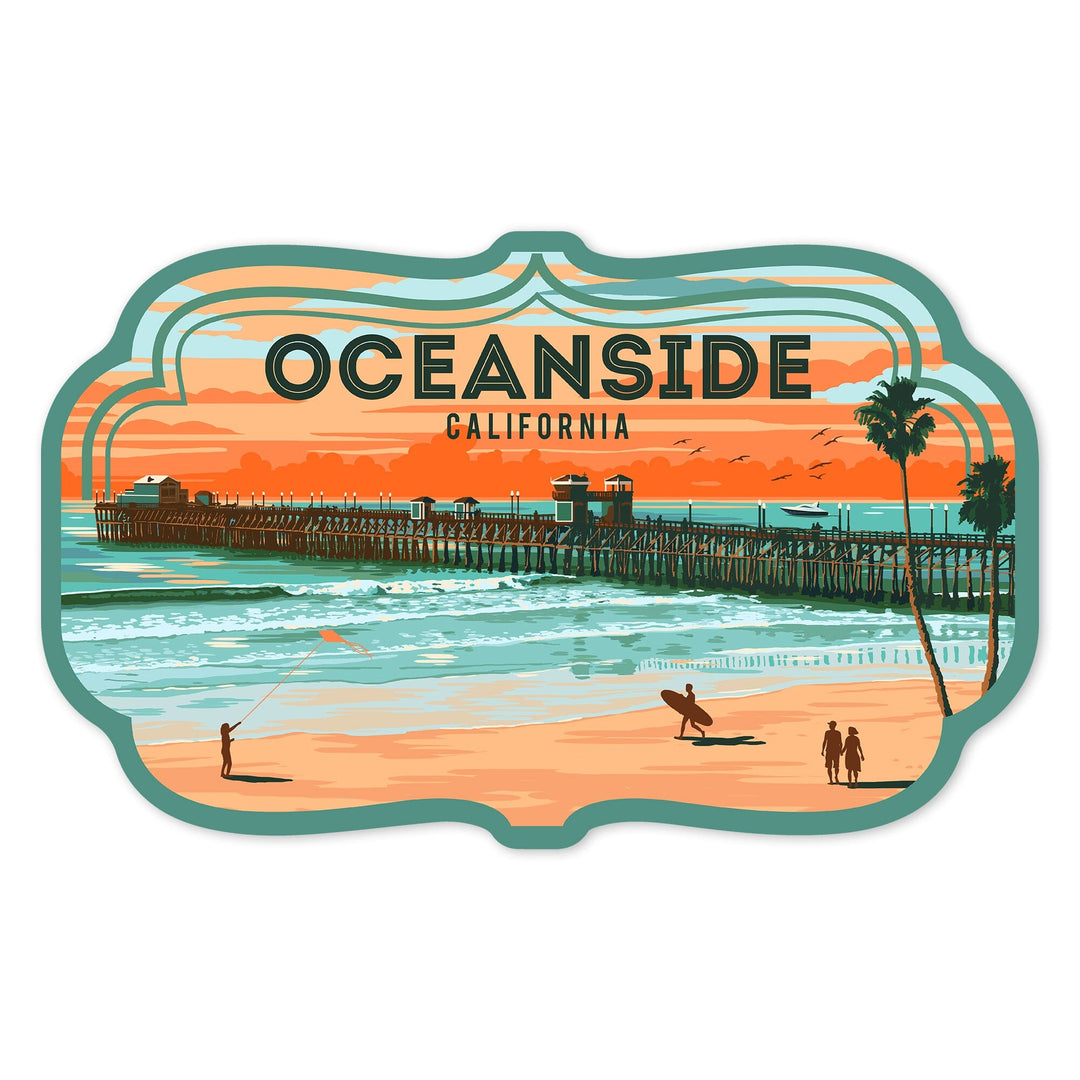 Oceanside, California, Pier, Painterly, Contour, Vinyl Sticker Sticker Lantern Press 