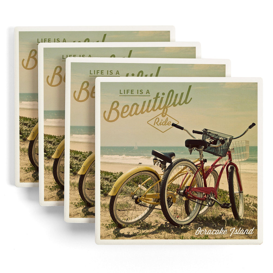 Ocracoke Island, North Carolina, Life is a Beautiful Ride, Beach Cruisers, Lantern Press Photo, Coaster Set Coasters Lantern Press 