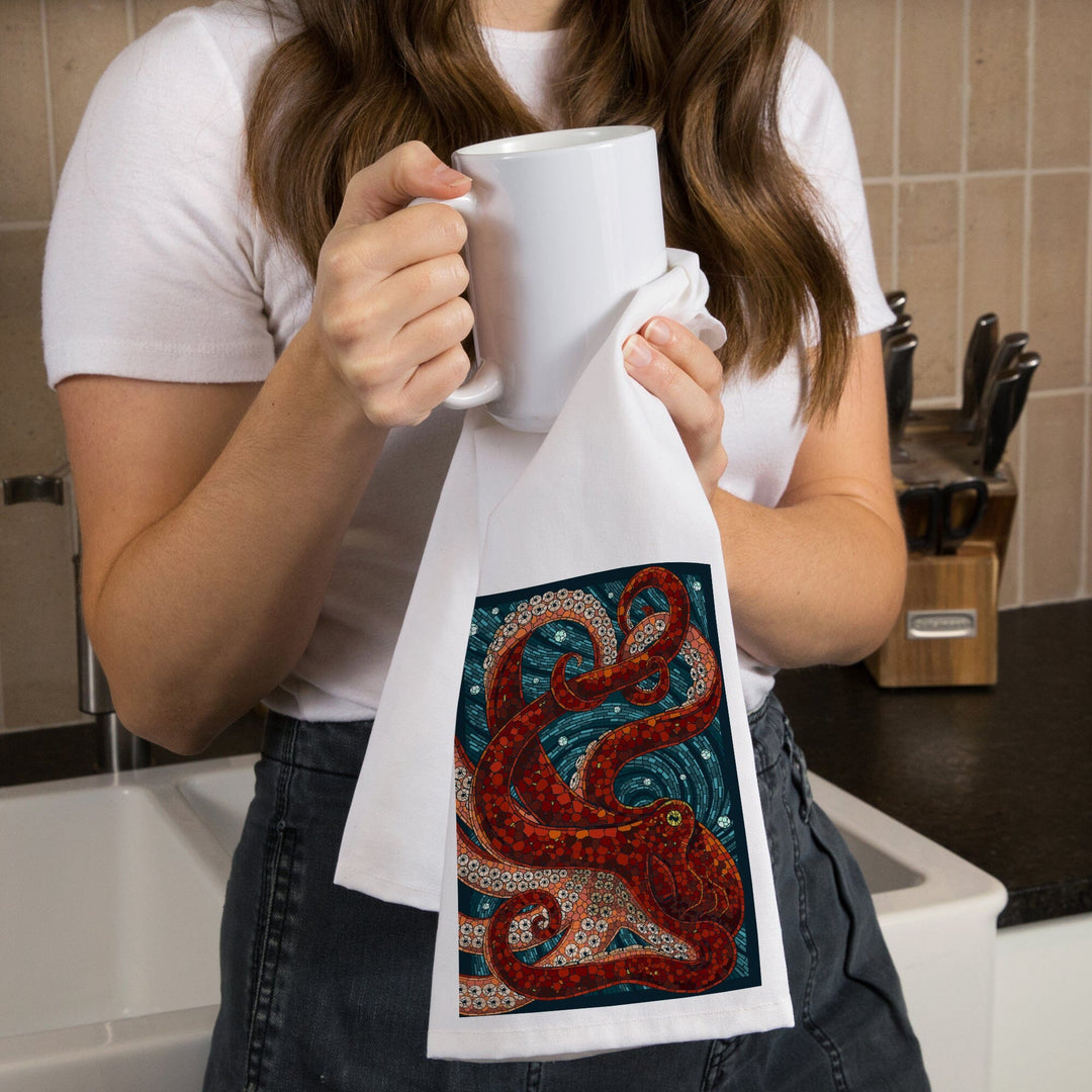 Octopus, Paper Mosaic, Organic Cotton Kitchen Tea Towels Kitchen Lantern Press 