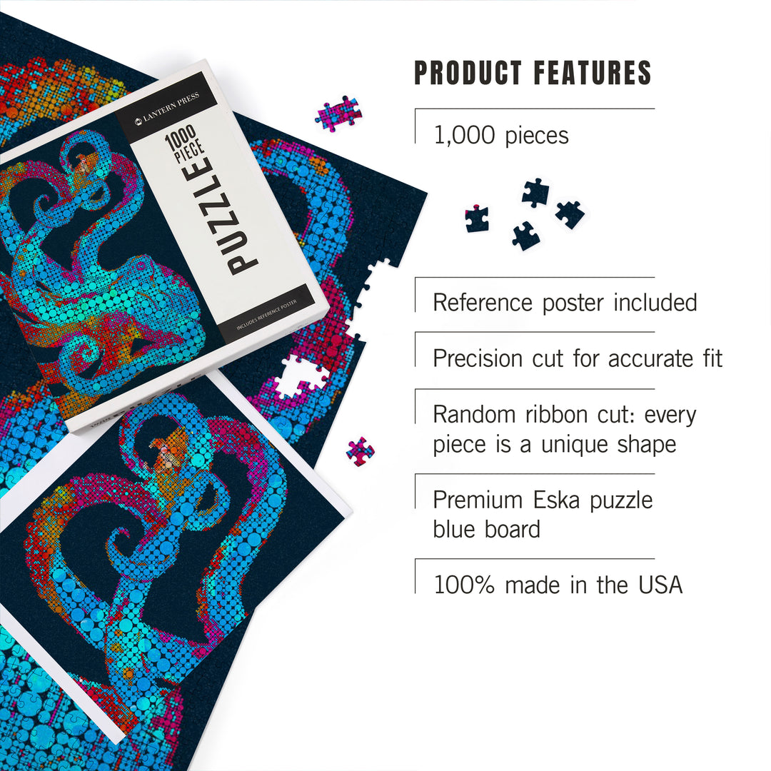 Octopus, Watercolor Dot Art, Jigsaw Puzzle Puzzle Lantern Press 