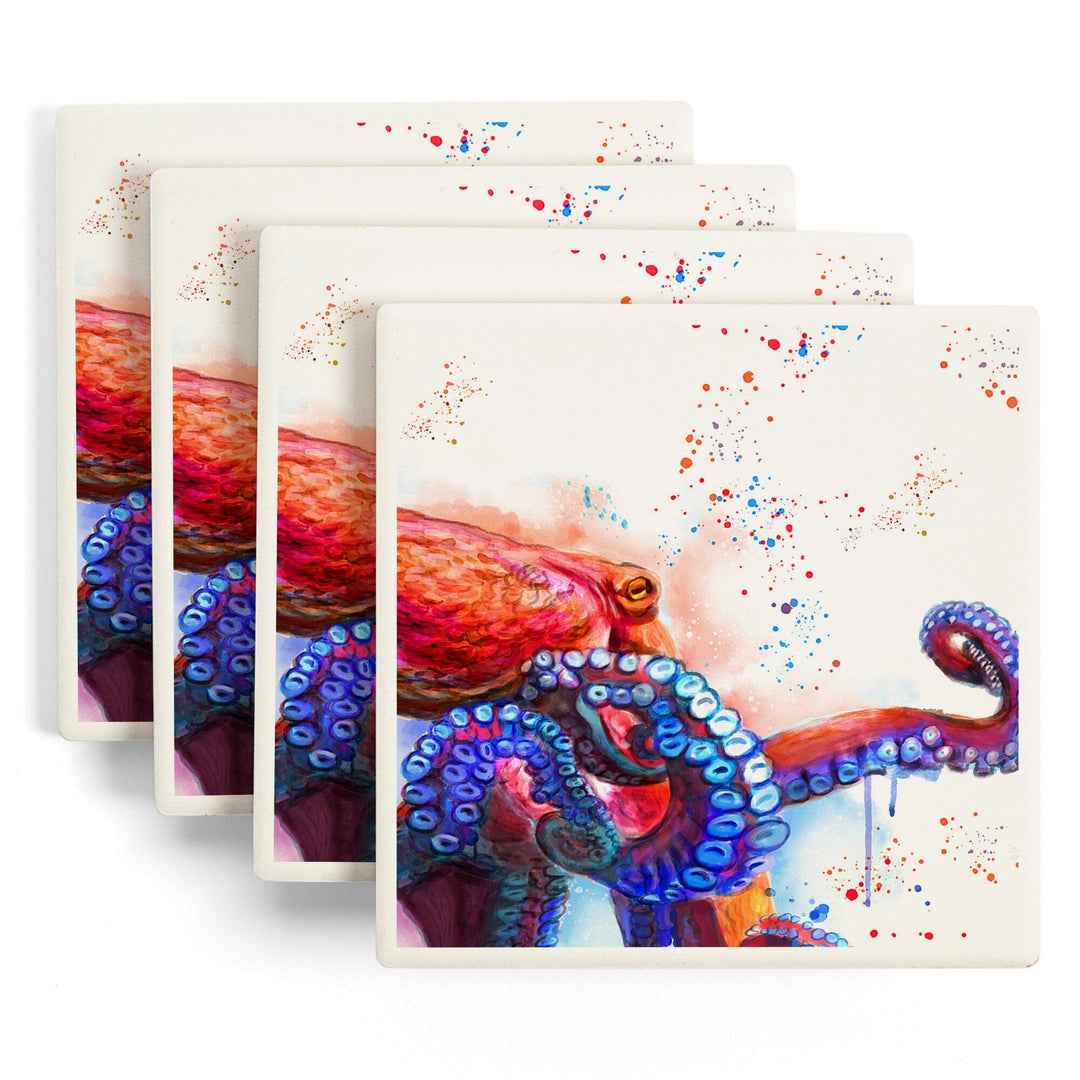 Octopus, Watercolor, Lantern Press Artwork, Coaster Set Coasters Lantern Press 