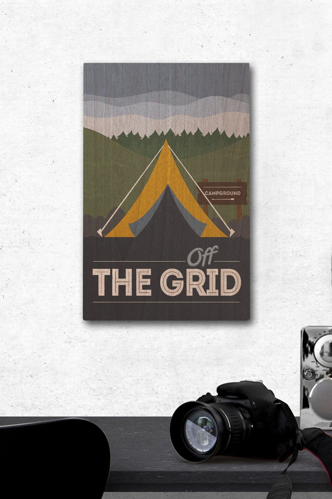 Off the Grid, Tent, Vector, Lantern Press Artwork, Wood Signs and Postcards Wood Lantern Press 12 x 18 Wood Gallery Print 