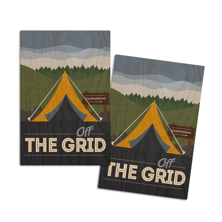 Off the Grid, Tent, Vector, Lantern Press Artwork, Wood Signs and Postcards Wood Lantern Press 4x6 Wood Postcard Set 