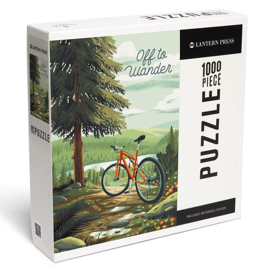 Off To Wander, Cycling with Hills, Evergreens, Jigsaw Puzzle Puzzle Lantern Press 