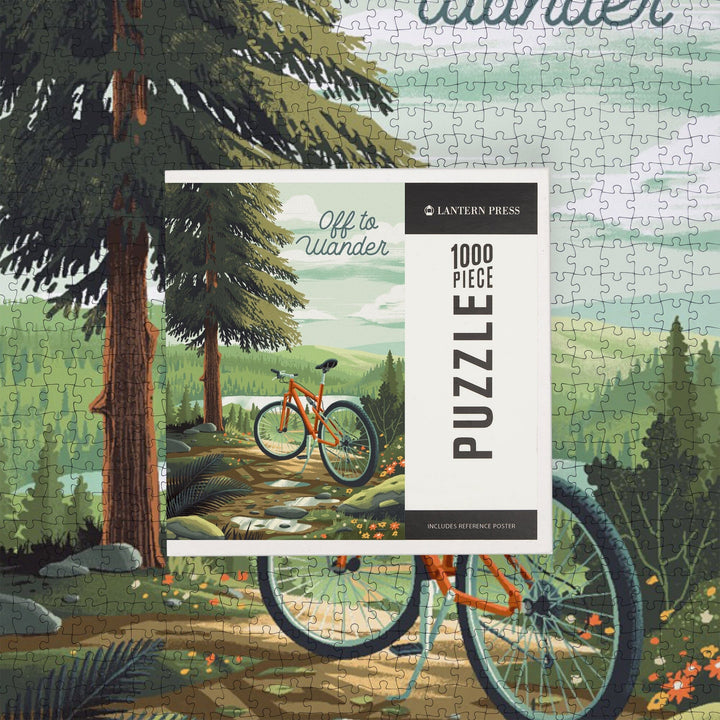 Off To Wander, Cycling with Hills, Evergreens, Jigsaw Puzzle Puzzle Lantern Press 