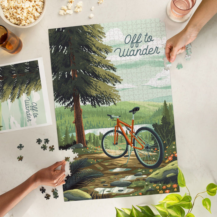 Off To Wander, Cycling with Hills, Evergreens, Jigsaw Puzzle Puzzle Lantern Press 