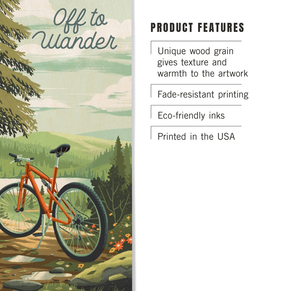 Off To Wander, Cycling with Hills, Evergreens, Wood Signs and Postcards Wood Lantern Press 