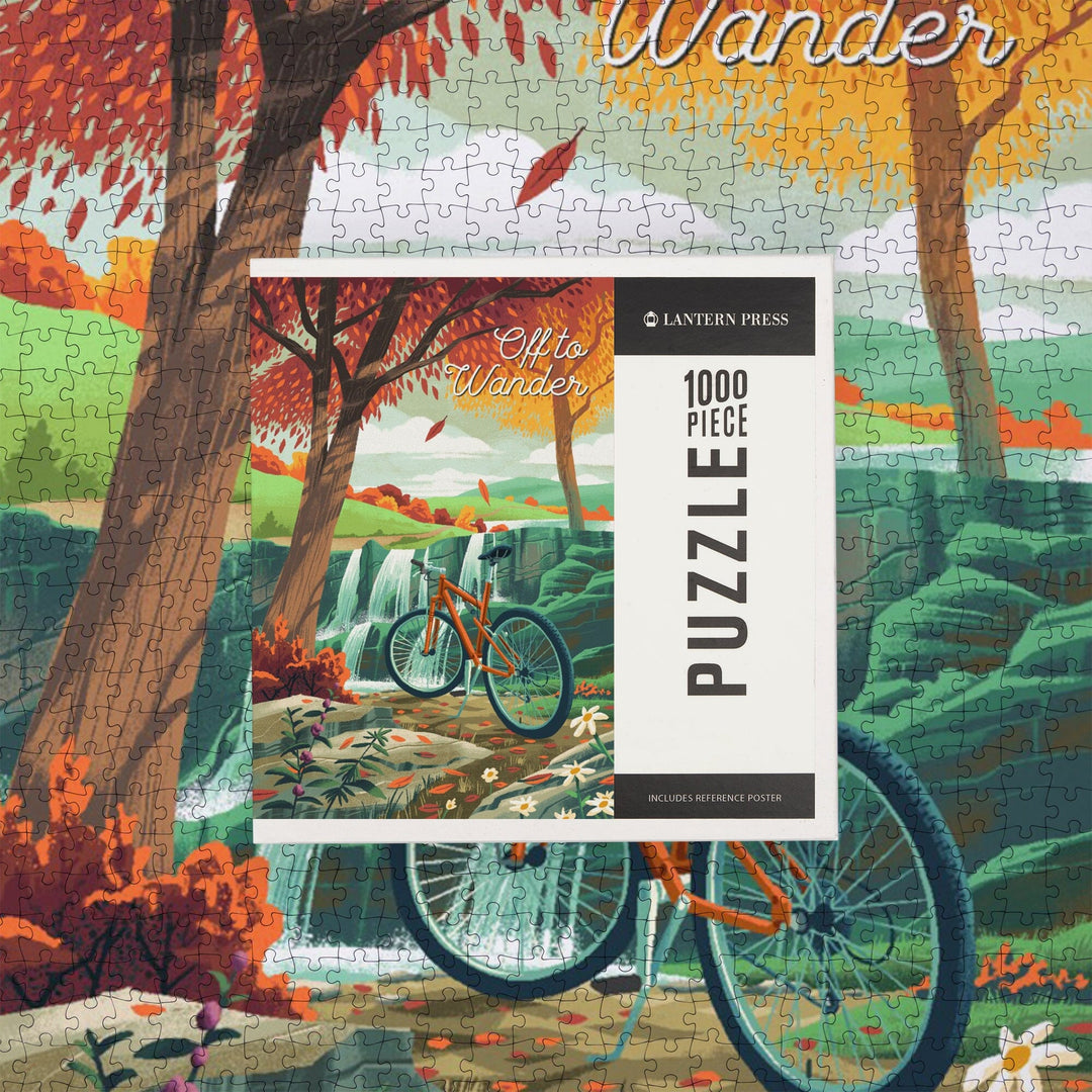 Off To Wander, Cycling with Hills, Fall Colors, Jigsaw Puzzle Puzzle Lantern Press 