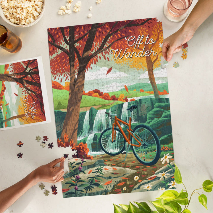 Off To Wander, Cycling with Hills, Fall Colors, Jigsaw Puzzle Puzzle Lantern Press 