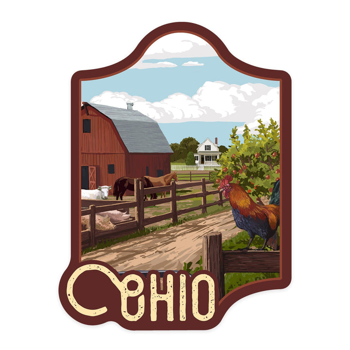 Ohio, Barnyard Scene, Contour, Vinyl Sticker Sticker Lantern Press 