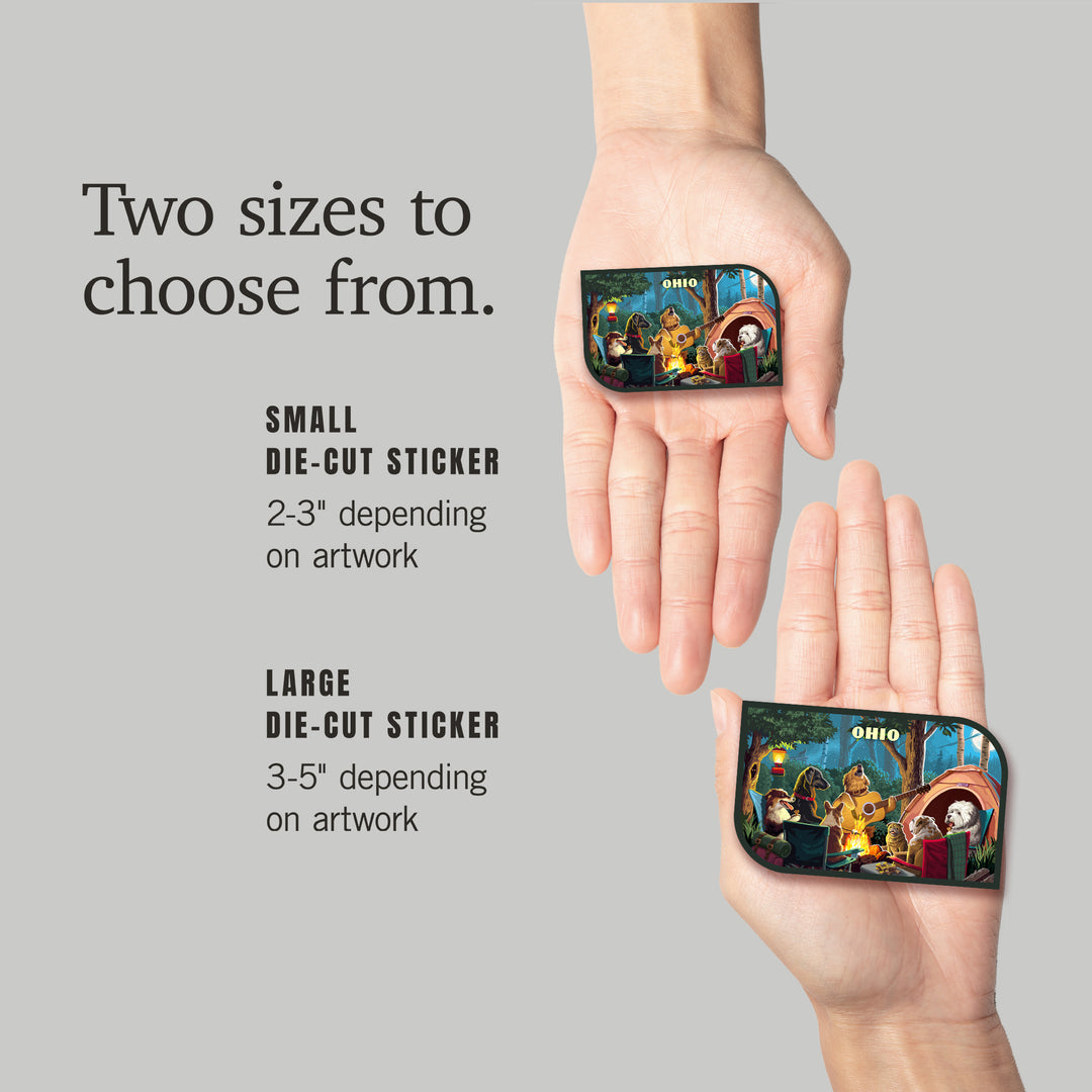 Ohio, Painterly, Pack Life, Dogs Around Campfire, Vinyl Sticker Sticker Lantern Press 