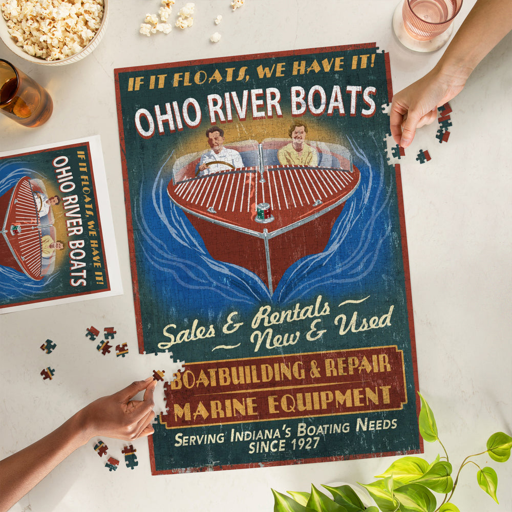 Ohio River, Indiana, Boat Shop Vintage Sign, Jigsaw Puzzle Puzzle Lantern Press 
