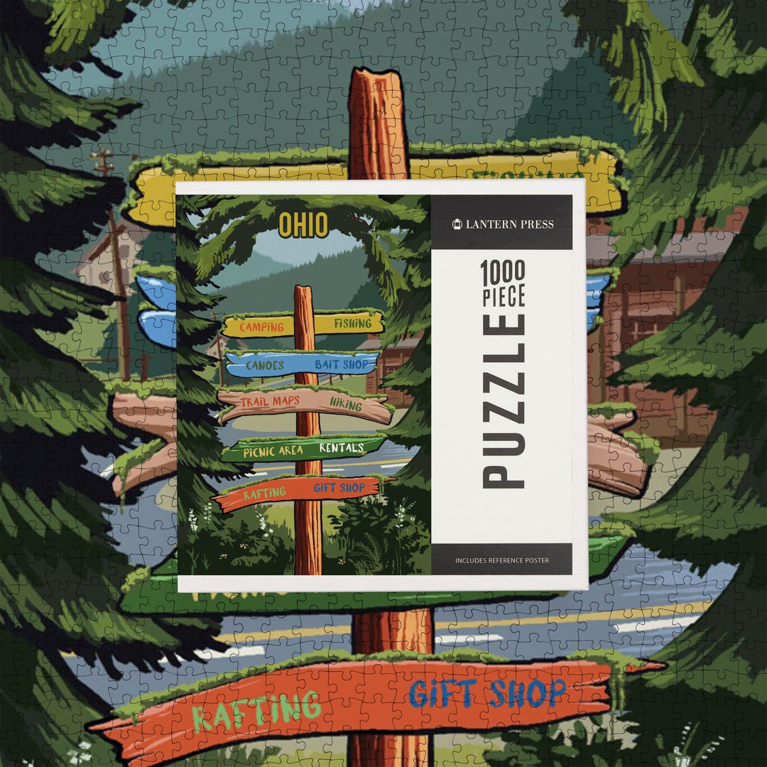 Ohio, Signpost, Forest and Camp, Jigsaw Puzzle Puzzle Lantern Press 