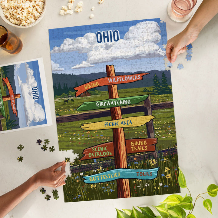 Ohio, Signpost, Meadow, Jigsaw Puzzle Puzzle Lantern Press 
