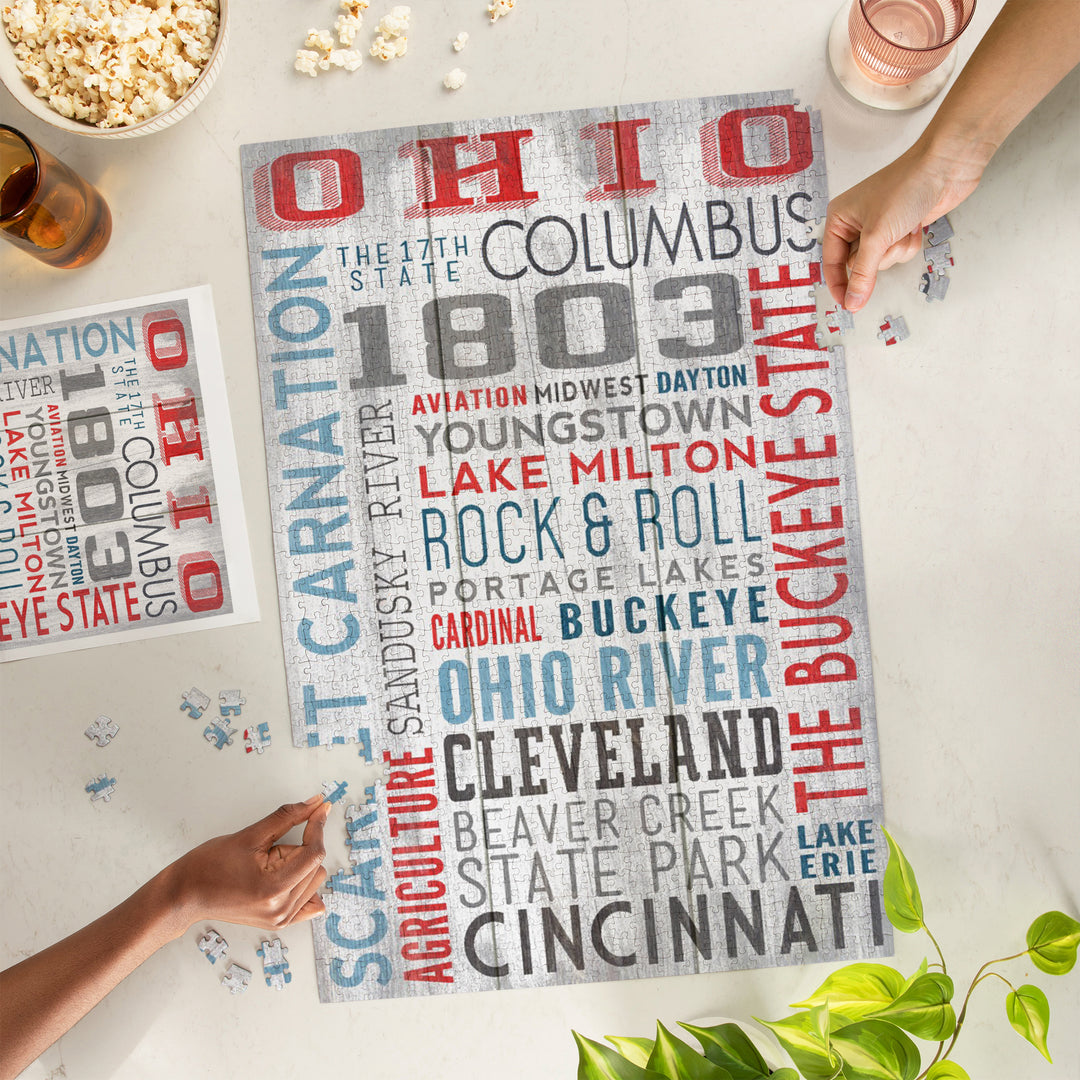 Ohio, The Buckeye State, Rustic Typography, Jigsaw Puzzle Puzzle Lantern Press 