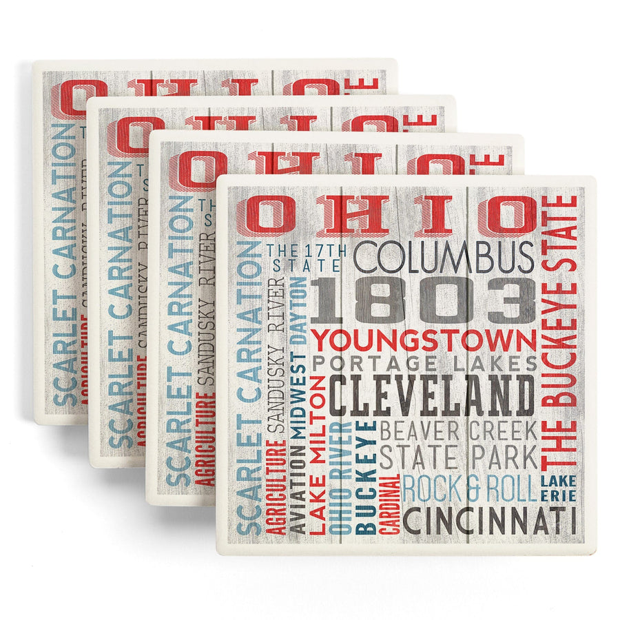 Ohio, The Buckeye State, Rustic Typography, Lantern Press Artwork, Coaster Set Coasters Lantern Press 