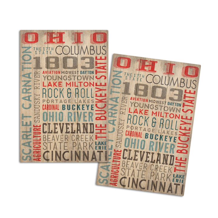 Ohio, The Buckeye State, Rustic Typography, Lantern Press Artwork, Wood Signs and Postcards Wood Lantern Press 4x6 Wood Postcard Set 