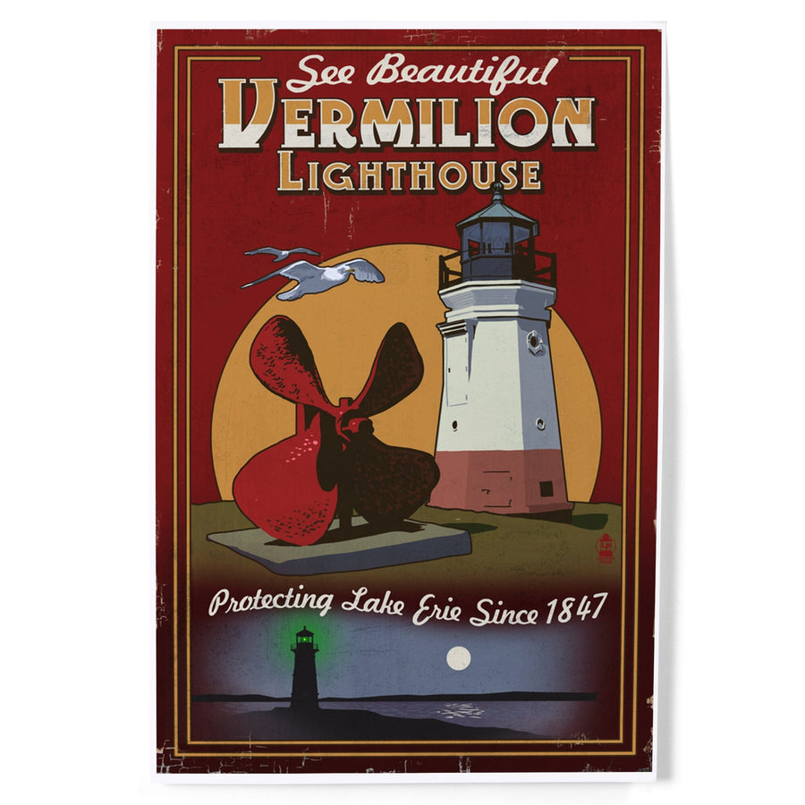 Ohio, Vermilion Lighthouse, Vintage Sign, Art & Giclee Prints Art Lantern Press 