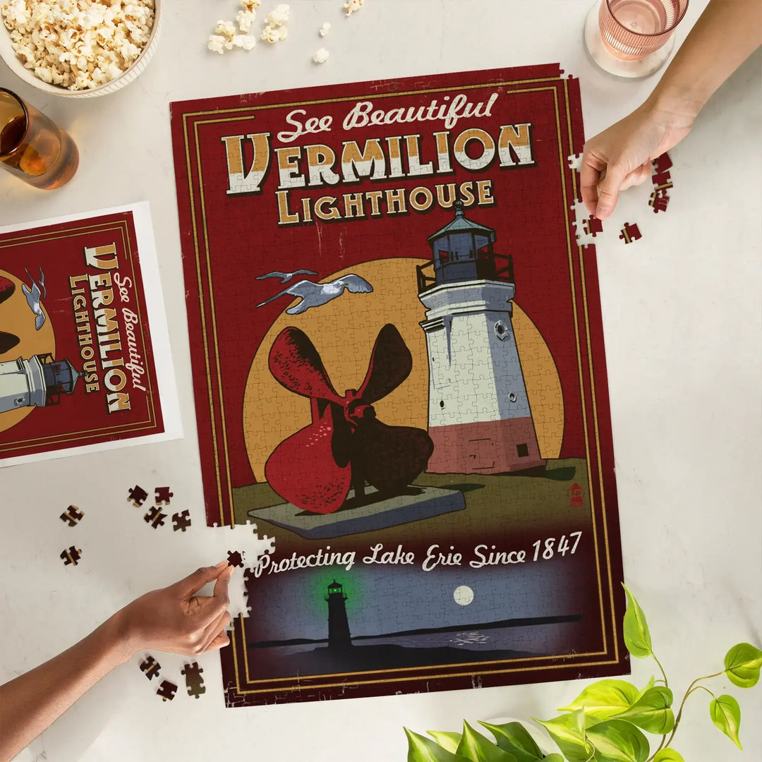 Ohio, Vermilion Lighthouse, Vintage Sign, Jigsaw Puzzle Puzzle Lantern Press 