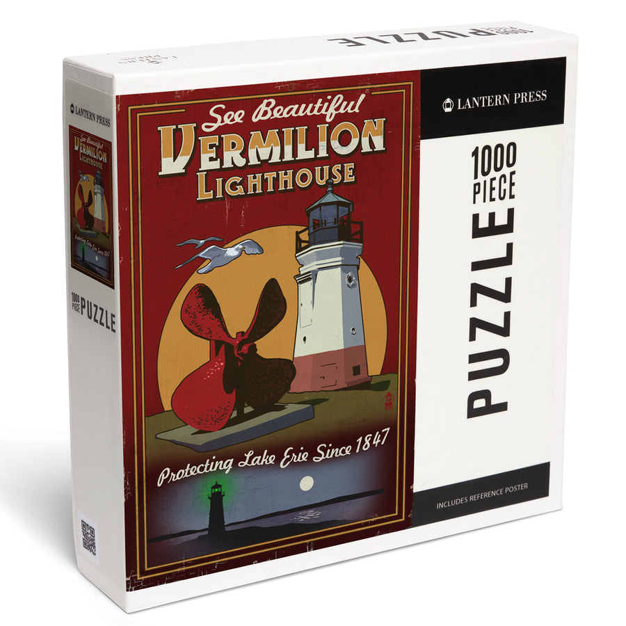 Ohio, Vermilion Lighthouse, Vintage Sign, Jigsaw Puzzle Puzzle Lantern Press 