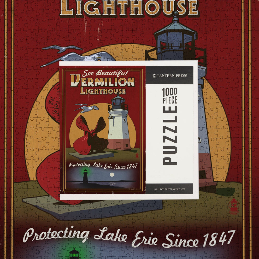 Ohio, Vermilion Lighthouse, Vintage Sign, Jigsaw Puzzle Puzzle Lantern Press 