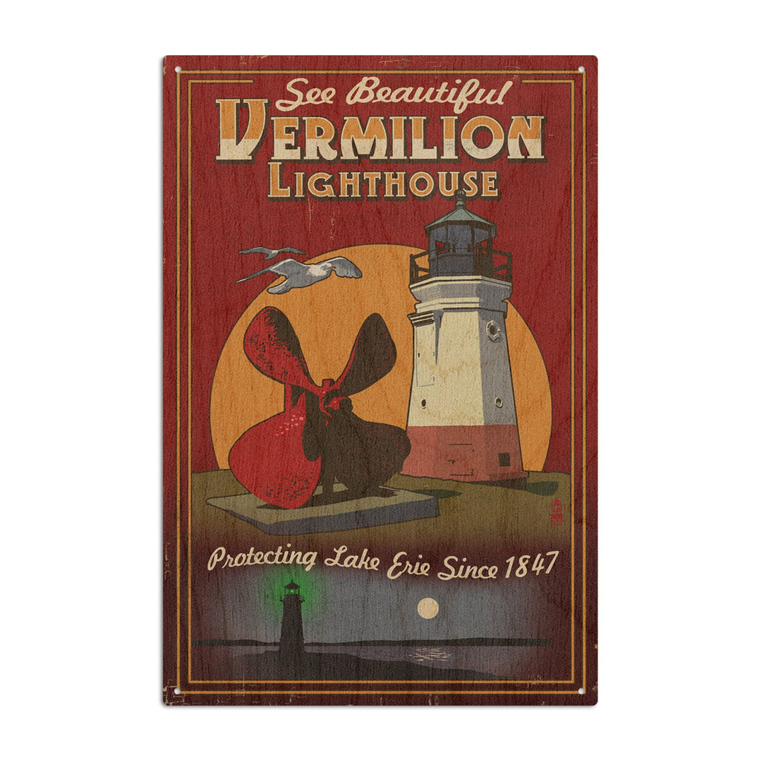 Ohio, Vermilion Lighthouse, Vintage Sign, Lantern Press Artwork, Wood Signs and Postcards Wood Lantern Press 10 x 15 Wood Sign 