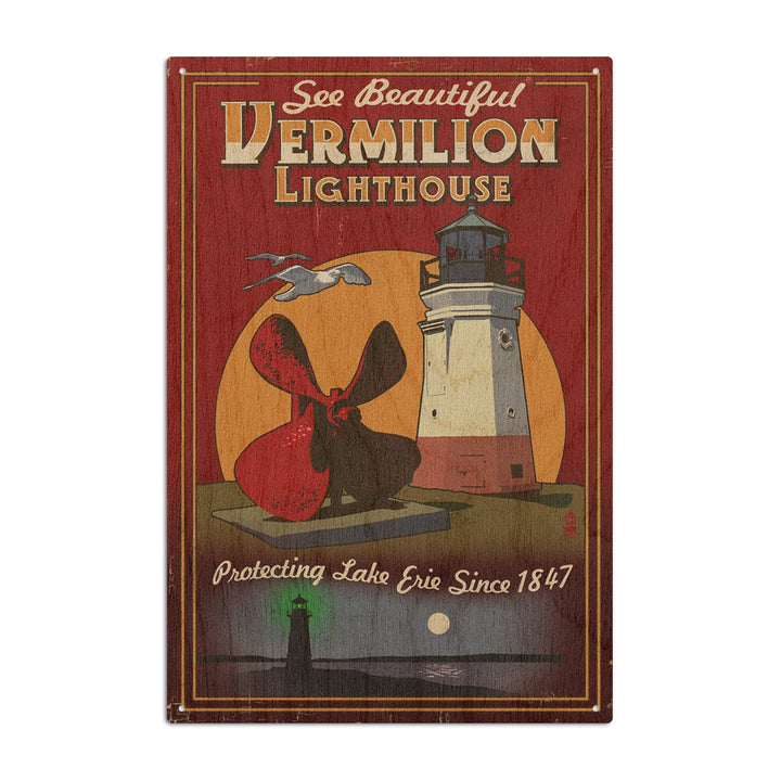 Ohio, Vermilion Lighthouse, Vintage Sign, Lantern Press Artwork, Wood Signs and Postcards Wood Lantern Press 6x9 Wood Sign 