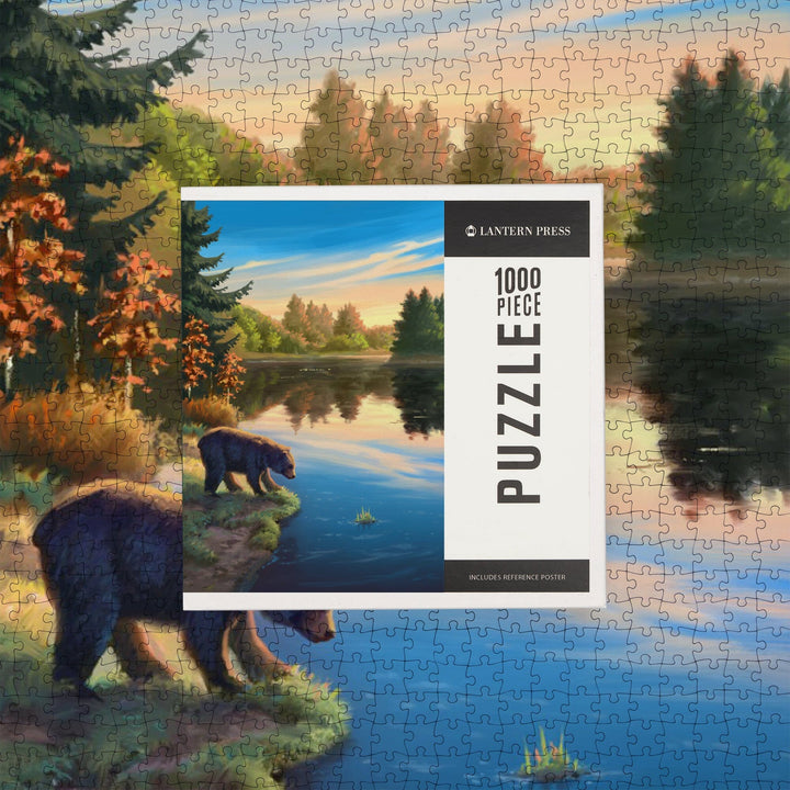 Oil Painting, Bear By Lake At Sunrise, Jigsaw Puzzle Puzzle Lantern Press 