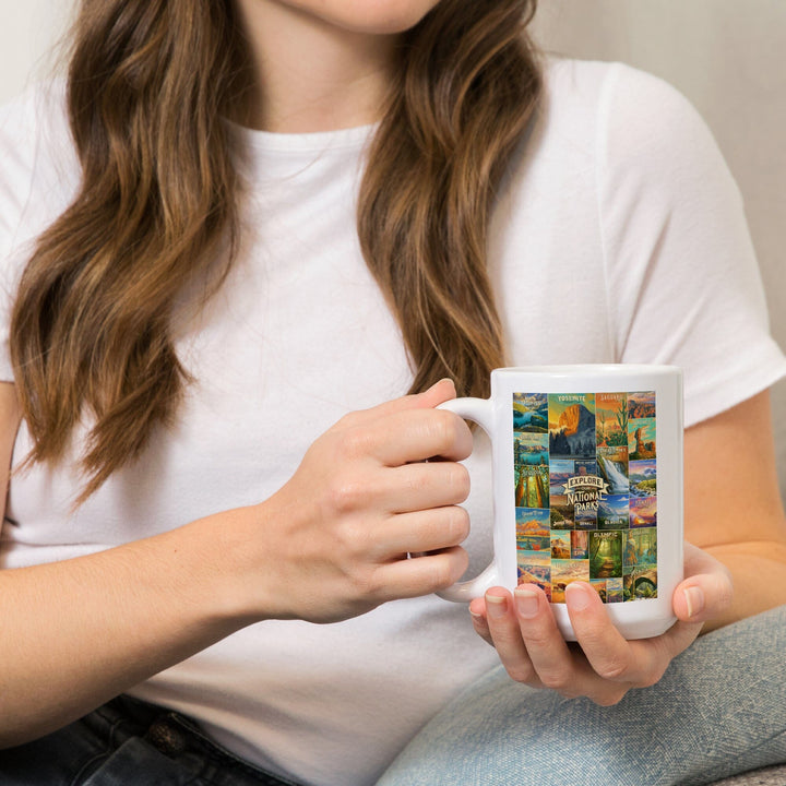 Oil Painting National Park Series, Collage, Explore our National Parks, Ceramic Mug Mugs Lantern Press 